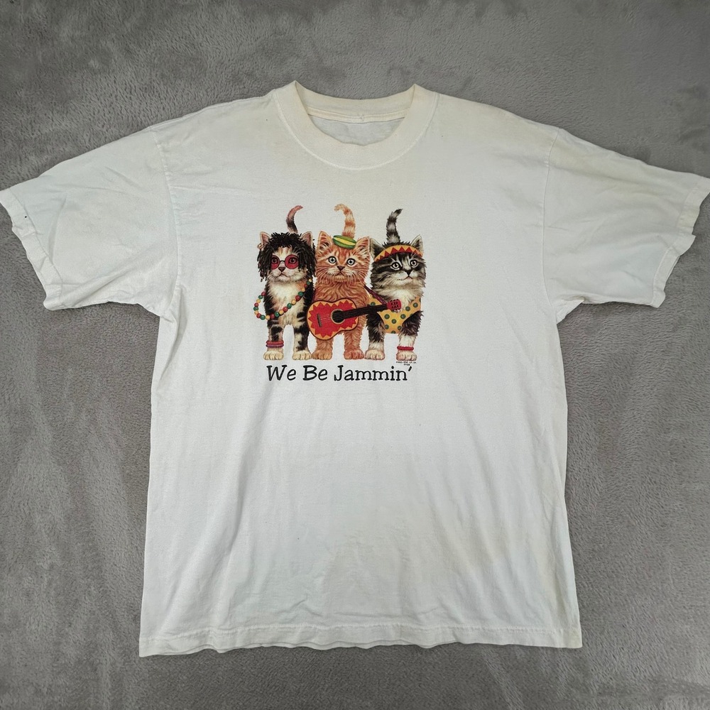 Vintage Unbranded Mens We Be Jammin Kittens Shirt XL White Preowned Stains